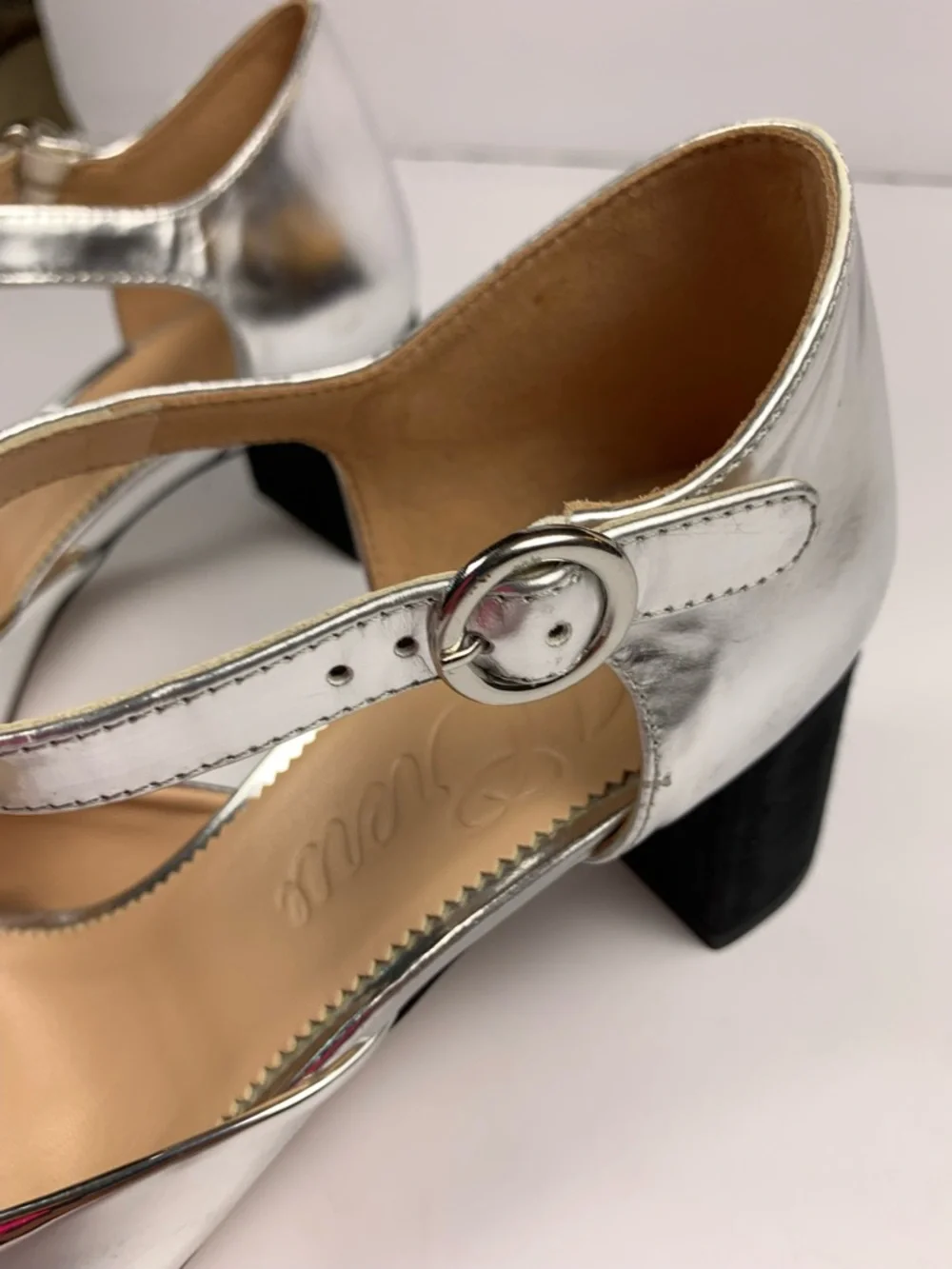 J.Crew Maisie Silver Leather Mary Jane Block Heels Black Cap Toe 9.5